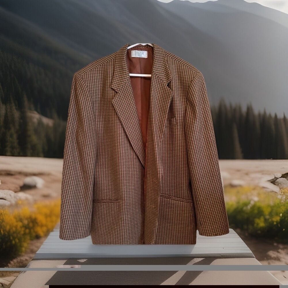 Claiborne Men's 44R Brown Houndstooth Wool Blazer Sport Coat Jacket Vintage